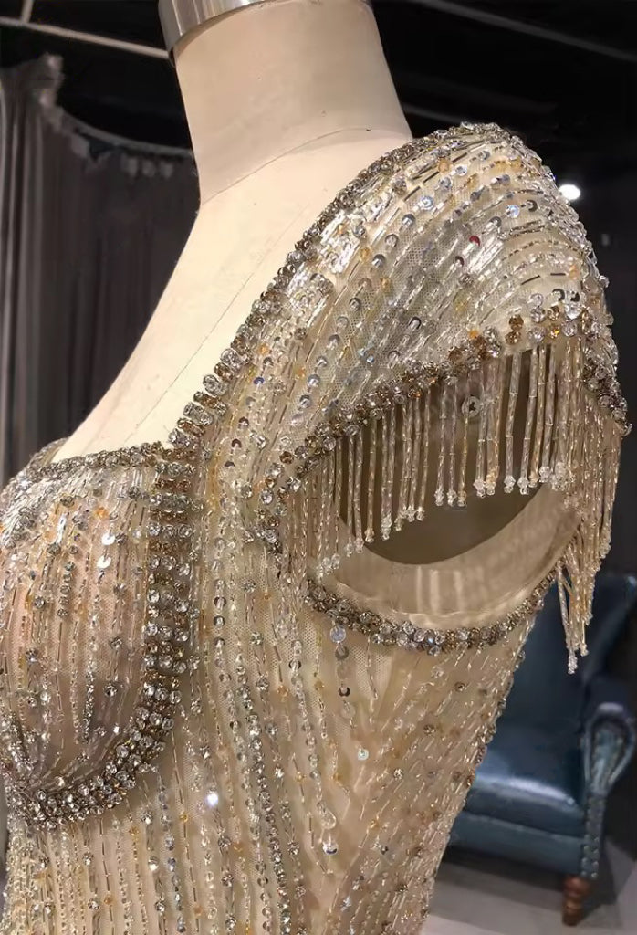 Tiered Crystal-Fringed Champagne Couture Gown