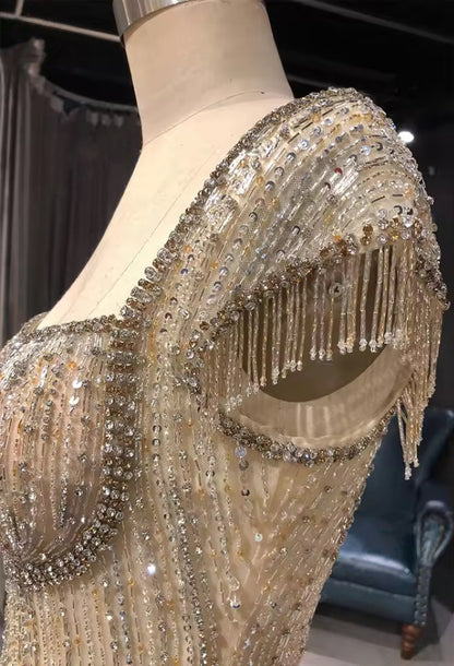 Tiered Crystal-Fringed Champagne Couture Gown