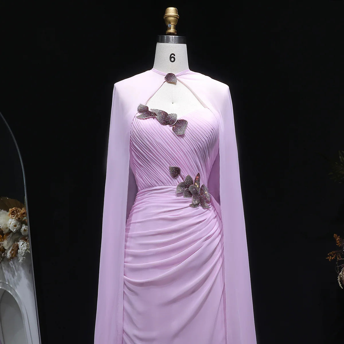 Crystal Petal Ruched Chiffon Gown