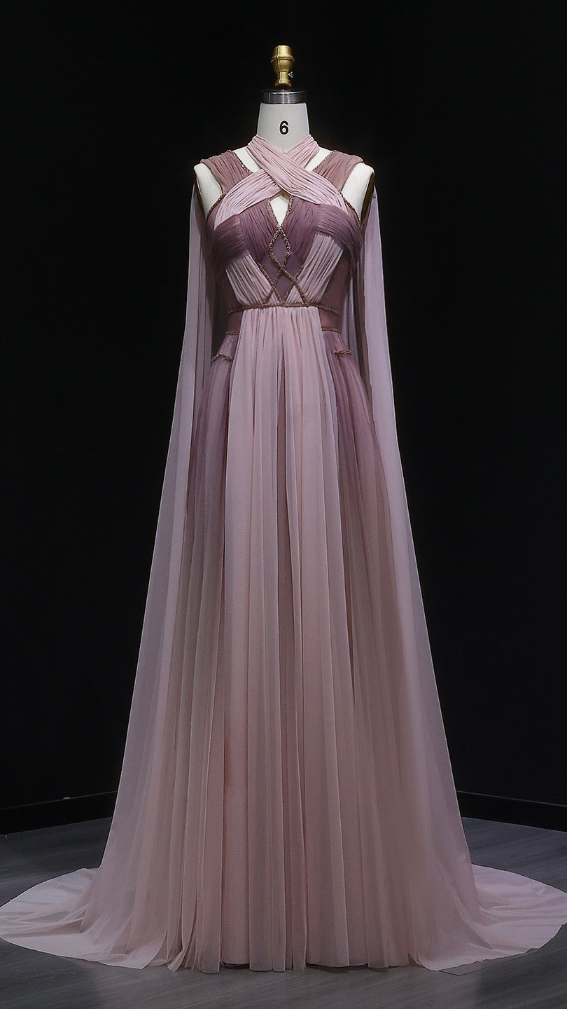 Pink Grecian Draped Gown with Chiffon Cape and Criss-Cross Back Detail