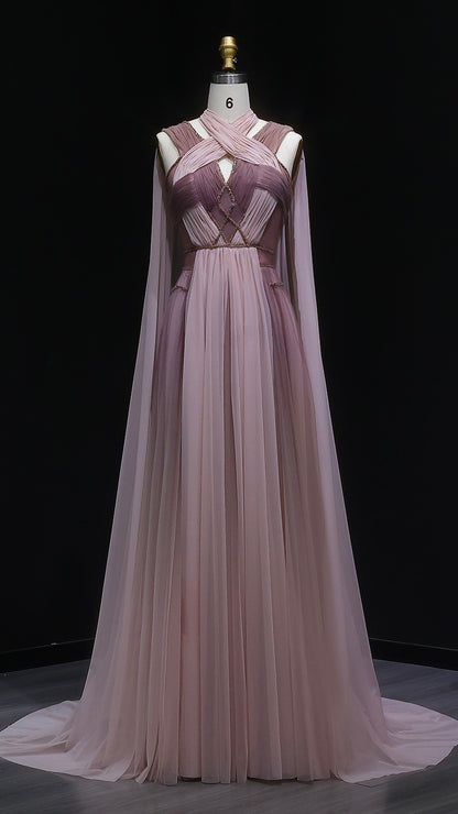 Pink Grecian Draped Gown with Chiffon Cape and Criss-Cross Back Detail