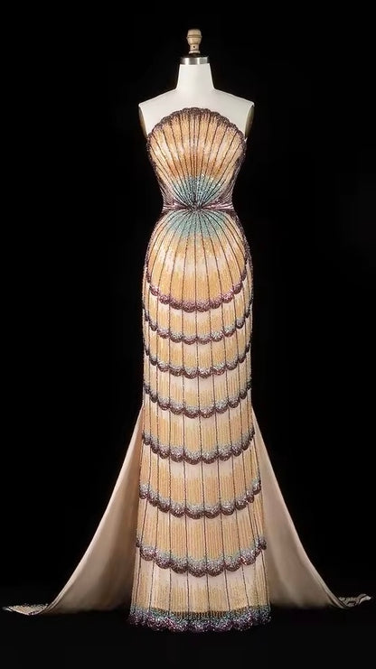 Art Deco Scalloped Crystal Mermaid Gown with Detachable Train
