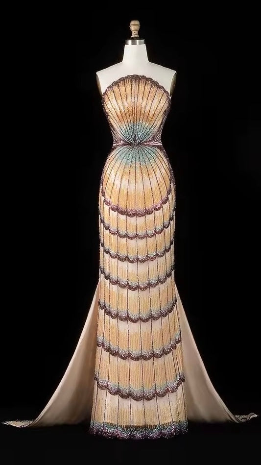 Art Deco Scalloped Crystal Mermaid Gown with Detachable Train