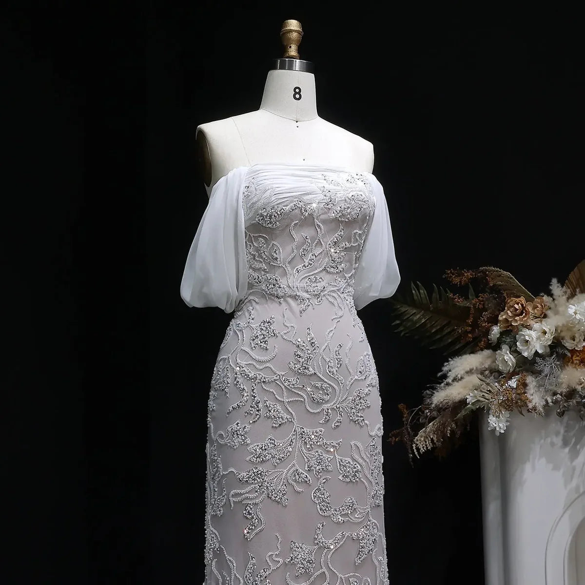 Burgundy "Orchid" Off-Shoulder Gown with Floral Crystal Embroidery and Satin Inset Train