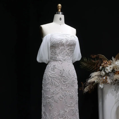 Burgundy "Orchid" Off-Shoulder Gown with Floral Crystal Embroidery and Satin Inset Train
