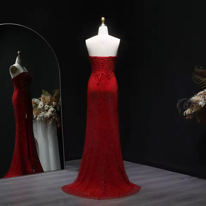 Flame of Elegance” Dress Burgundy Embellished with Crystals Featuring a Side Slit