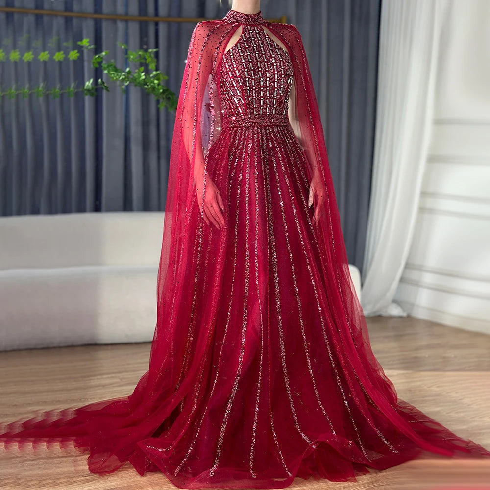 Mermaid Elegant Cape Sleeves Beaded Luxury Evening Dress