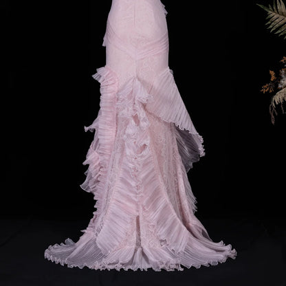 Blush Pink Halter Gown with Pleated Ruffled Cascades & Lace
