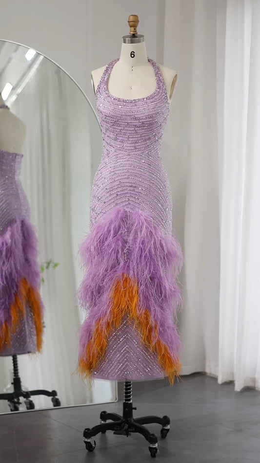 Purple dress with feathers and beads