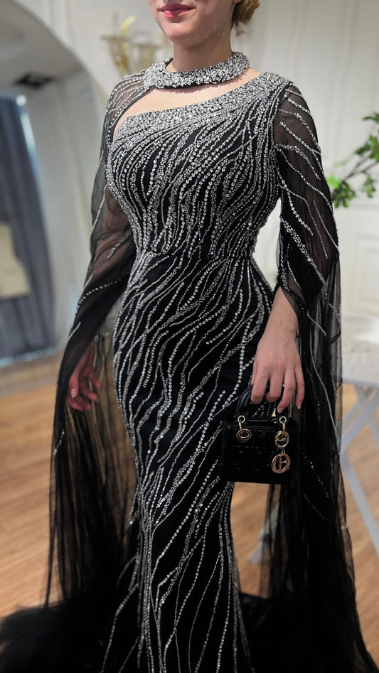 Black Mermaid Elegant Cape Sleeves Beaded Luxury Evening Dress