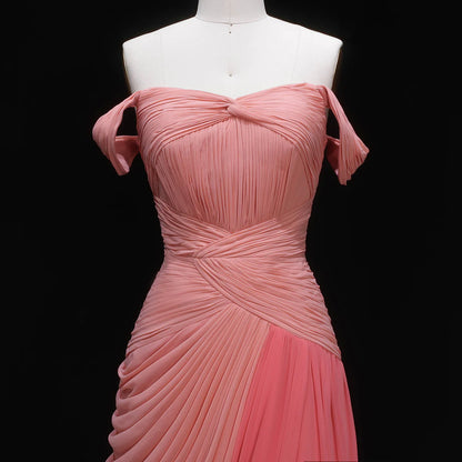 Coral Pink Off-the-Shoulder Chiffon Gown with Cascading Draping & Train