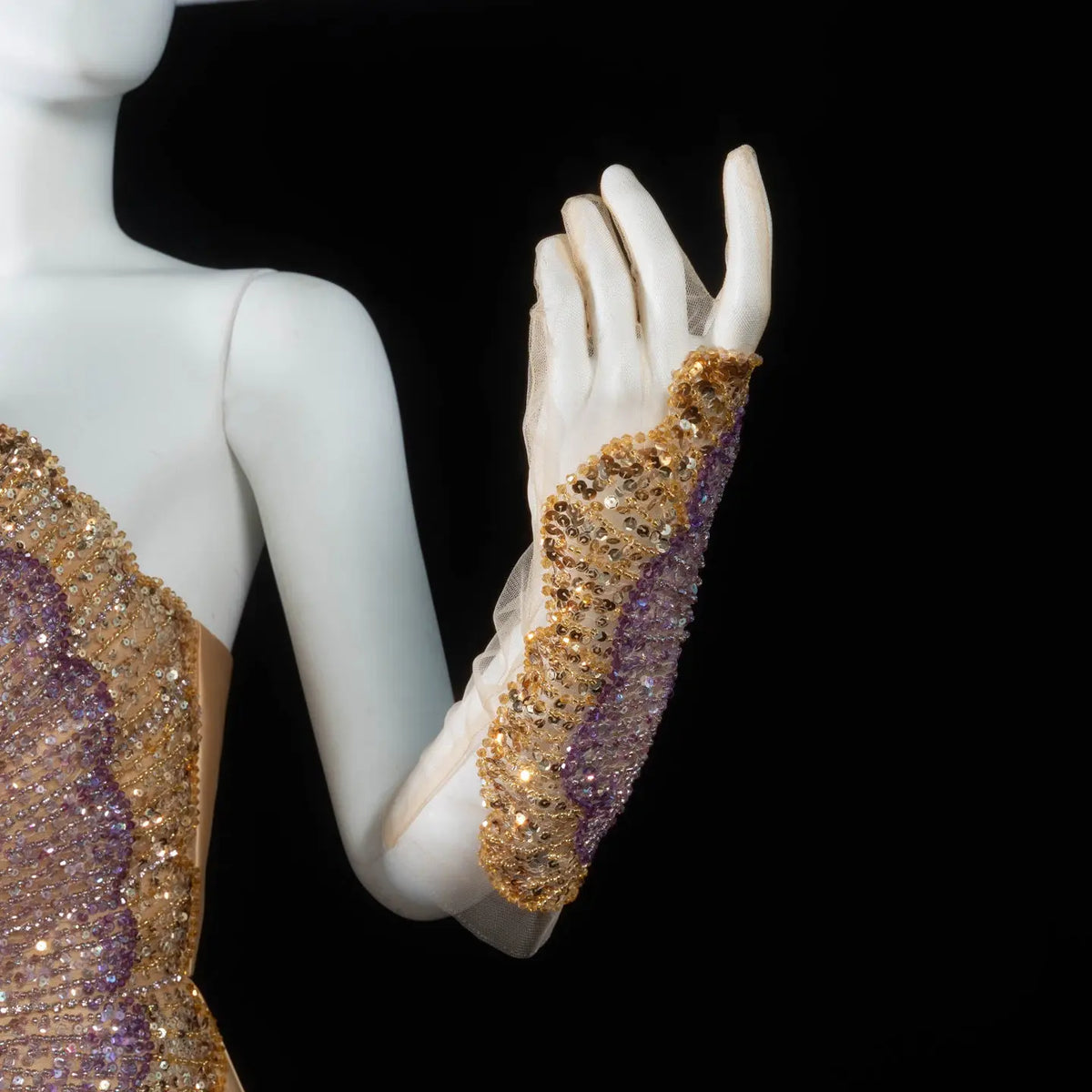 Luxury Strapless Satin Gown with Ornate Waves and Opera Gloves