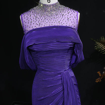 Crystal-Neckline Pleated Satin Gown