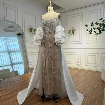 “Pearl Symphony” Luxury Crystal Gown with Flowing White Drape