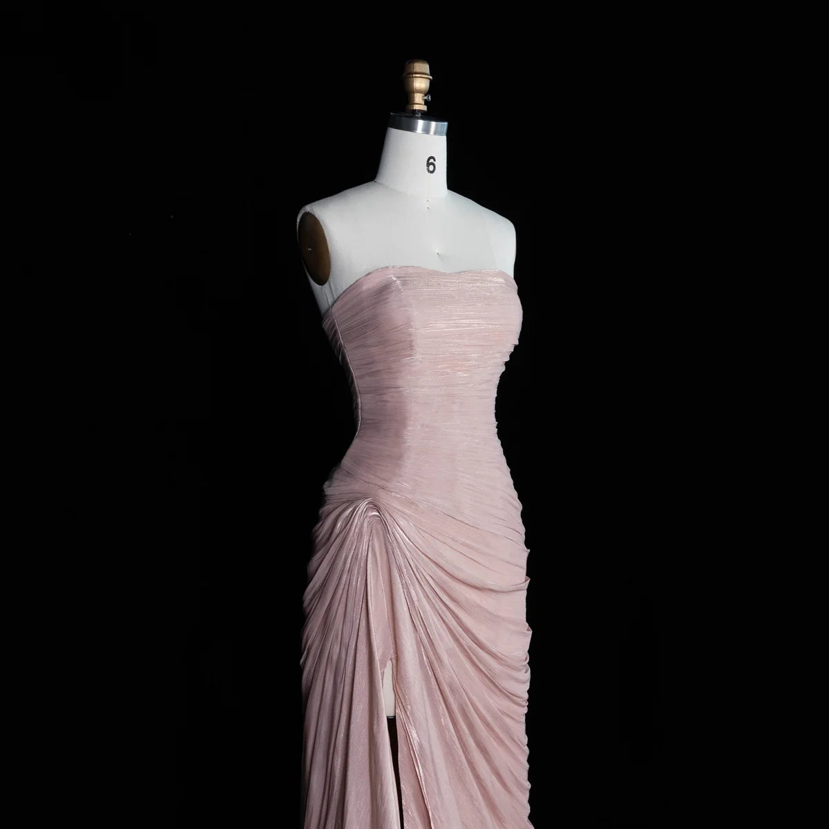 Blush Pink Strapless Shimmer Gown with Side Slit & Ruched Drapery