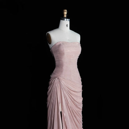 Blush Pink Strapless Shimmer Gown with Side Slit & Ruched Drapery