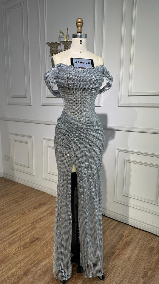 Silver Diamond Off-Shoulder Mermaid Dress