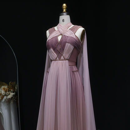 Pink Grecian Draped Gown with Chiffon Cape and Criss-Cross Back Detail