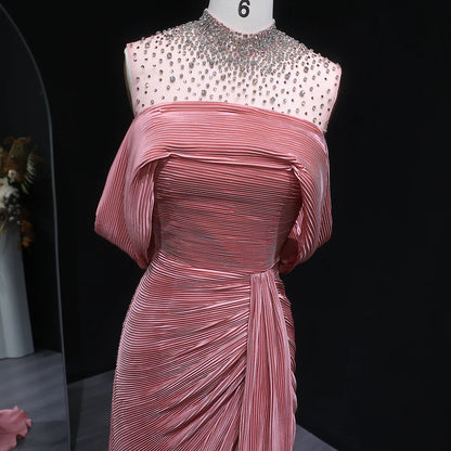 Crystal-Neckline Pleated Satin Gown