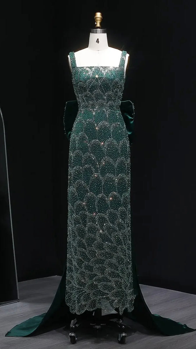Emerald Crystal-Encrusted Gown with Back Satin Bow and Cathedral Train