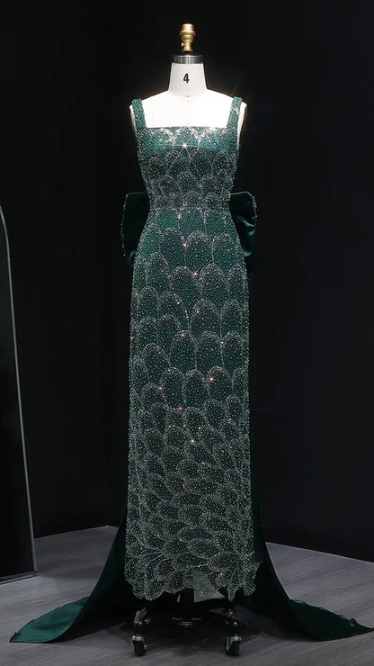 Emerald Crystal-Encrusted Gown with Back Satin Bow and Cathedral Train