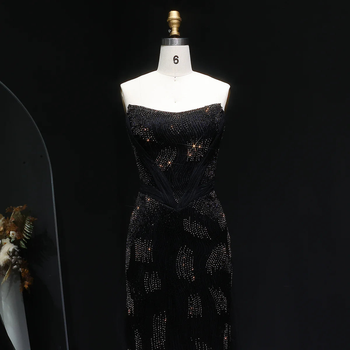 “Galaxy Shadows” Gown – Black Sparkling Strapless Elegance