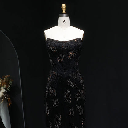 “Galaxy Shadows” Gown – Black Sparkling Strapless Elegance