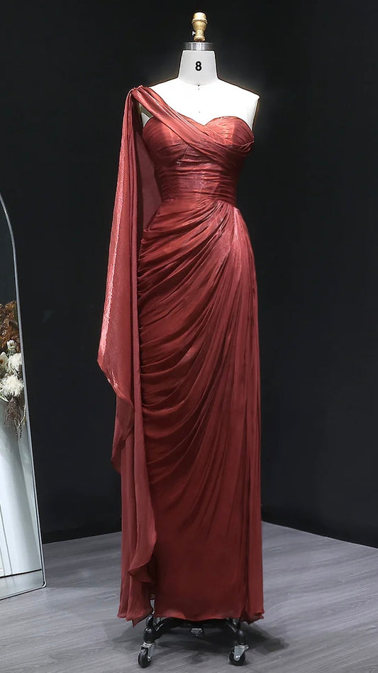Metallic Ruched One-Shoulder Gown