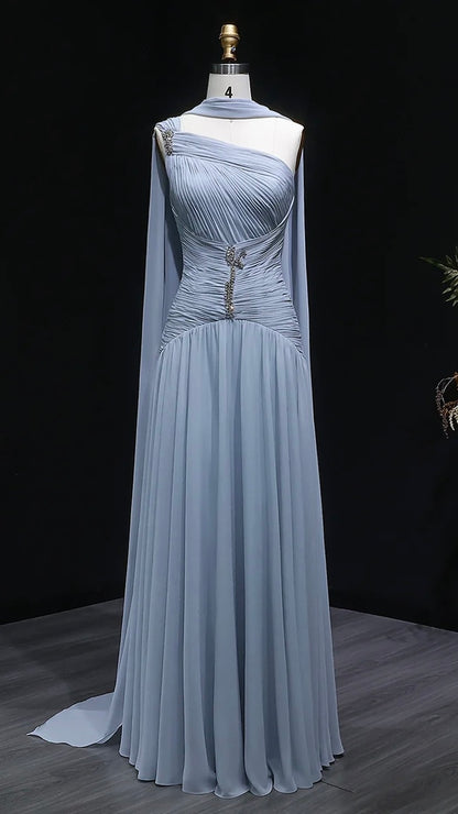 Dusty Blue One-Shoulder Chiffon Gown with Ruched Bodice & Crystal Brooch