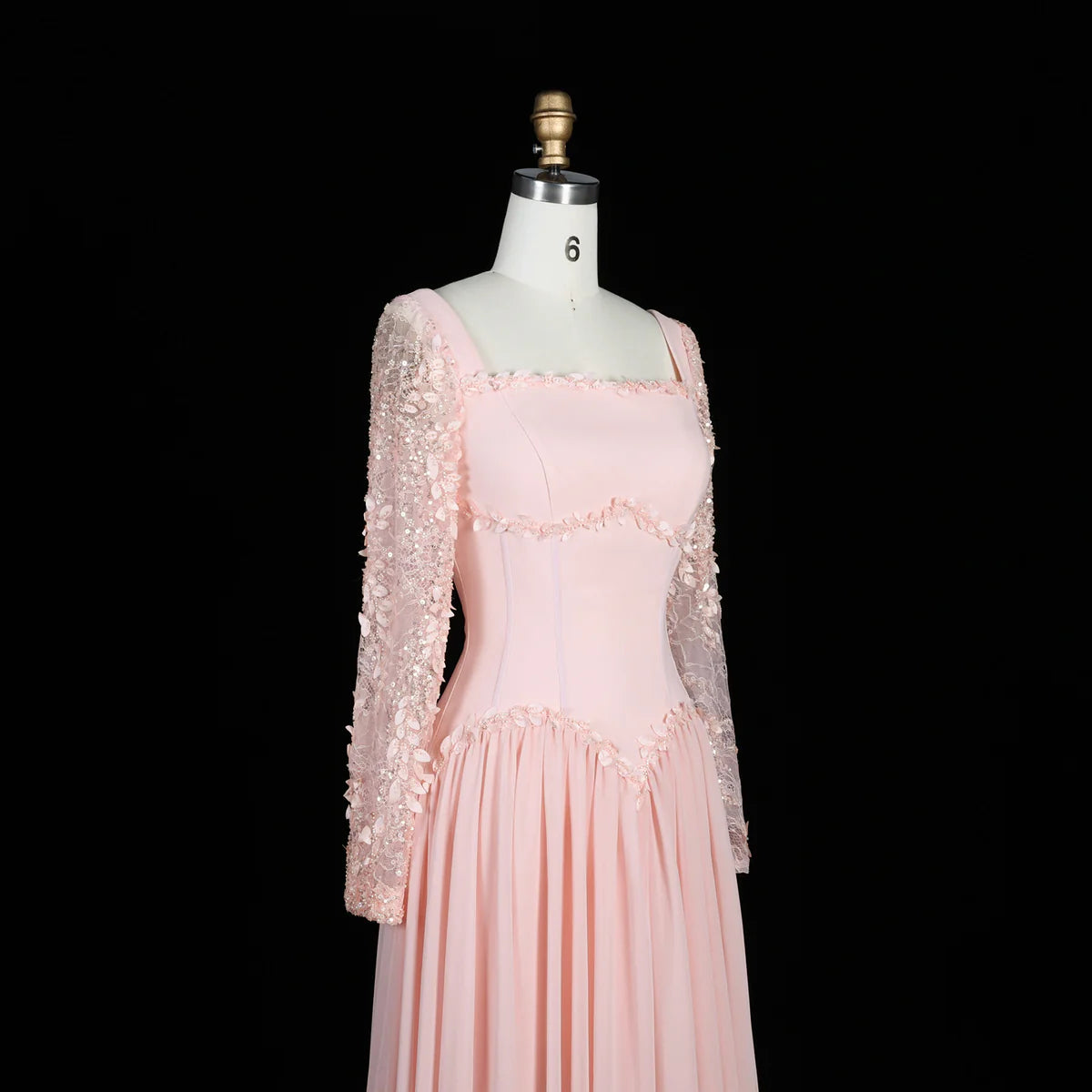 Baby Pink Long-Sleeve Evening Gown with Embellished Lace & V-Waist