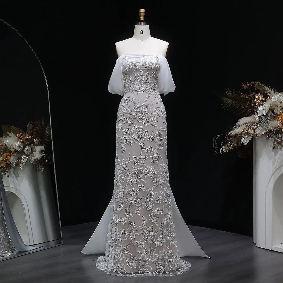 Burgundy "Orchid" Off-Shoulder Gown with Floral Crystal Embroidery and Satin Inset Train