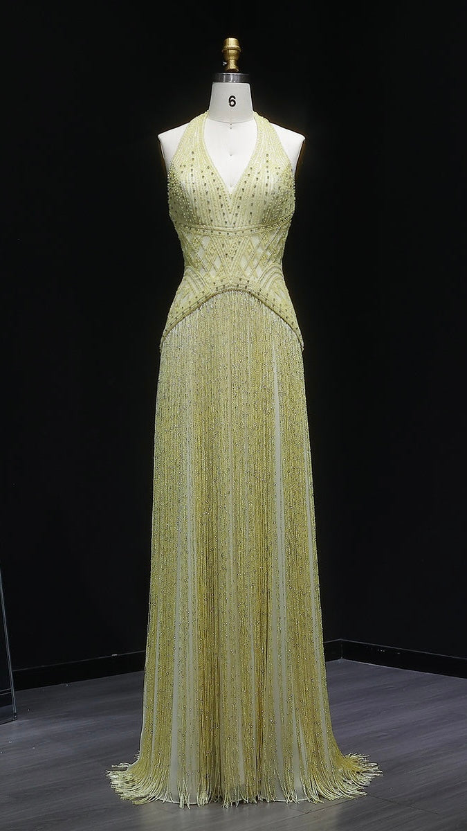 Exquisite Yellow Beaded Halter Neck Deep V Gala Gown