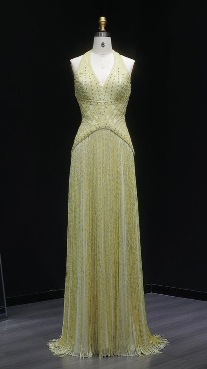 Exquisite Yellow Beaded Halter Neck Deep V Gala Gown