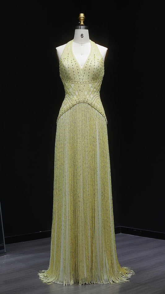 Exquisite Yellow Beaded Halter Neck Deep V Gala Gown