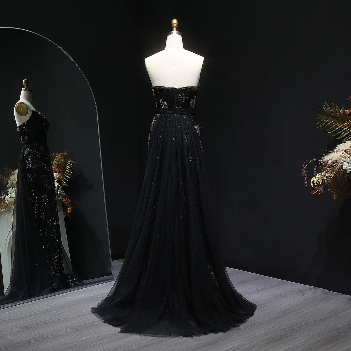 “Galaxy Shadows” Gown – Black Sparkling Strapless Elegance