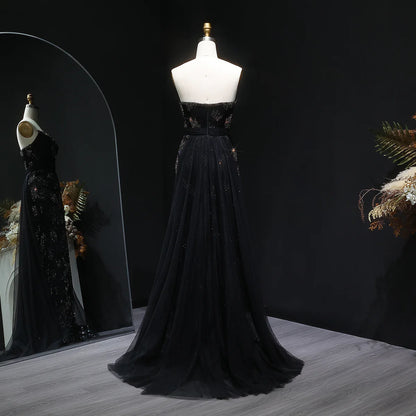 “Galaxy Shadows” Gown – Black Sparkling Strapless Elegance