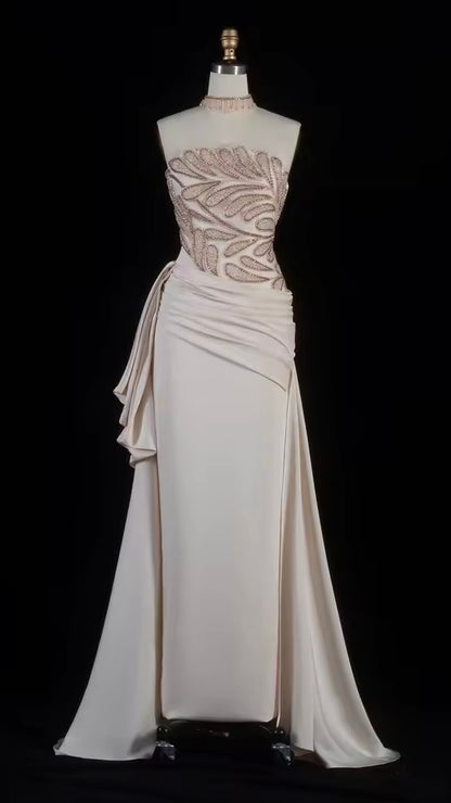 Luxury Ivory Gown with Crystal Embroidery and Side Draping