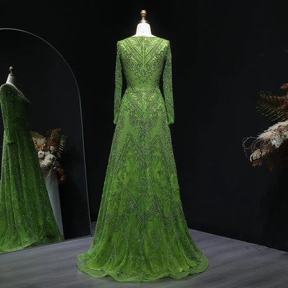 Lime Glow Full-Crystal Gown with Long Sleeves and V-Neckline