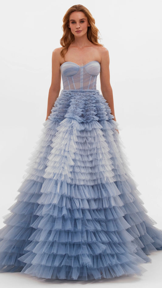 Long blue dress with ruffles