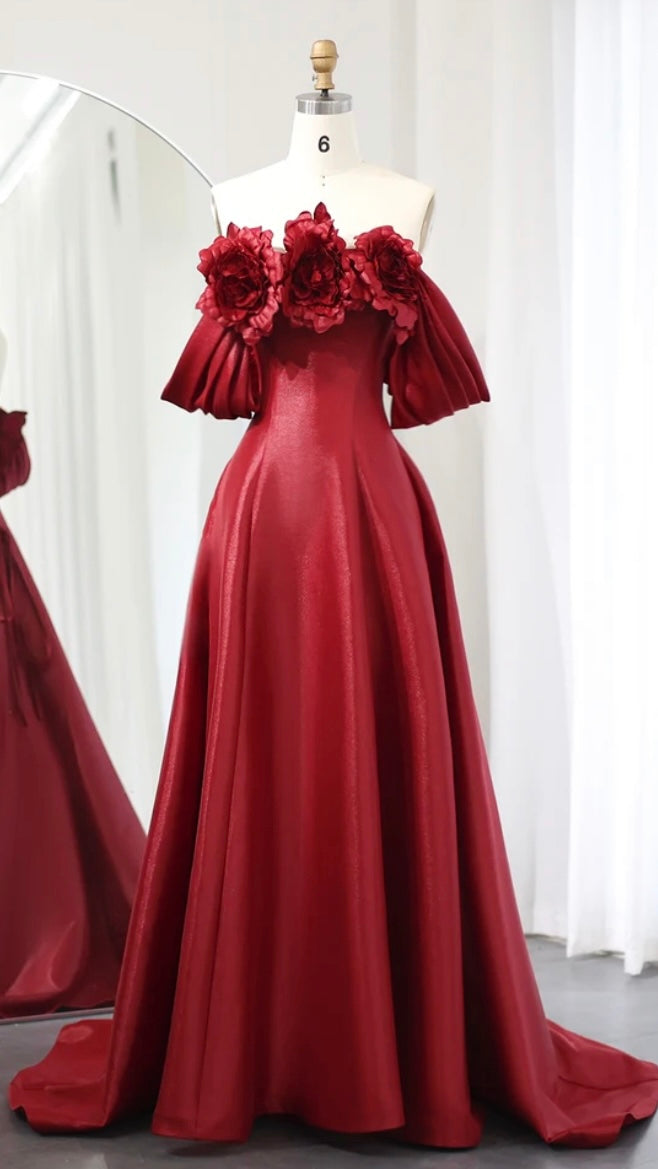 Elegant Burgundy Satin Off Shoulder Evening Dress with 3D Flowers