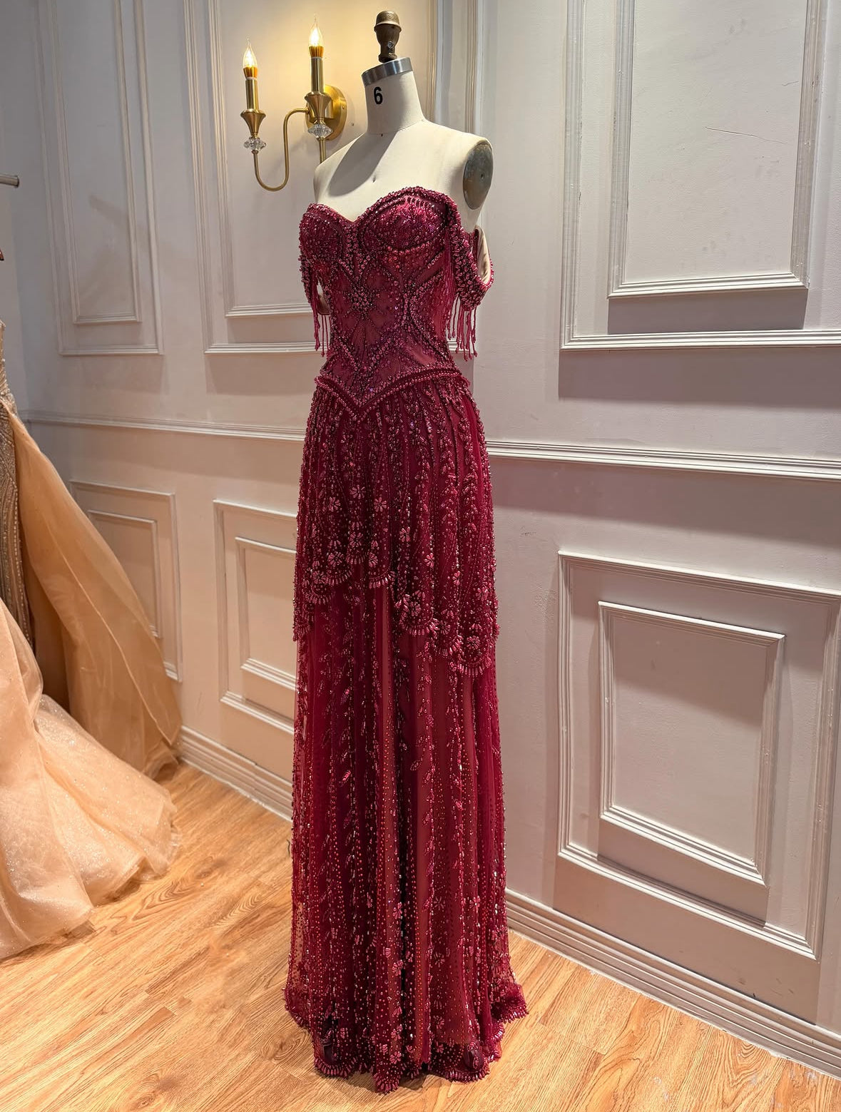 Burgundy Fully Beaded Off-The-Shoulder Gown with Fringe Detail