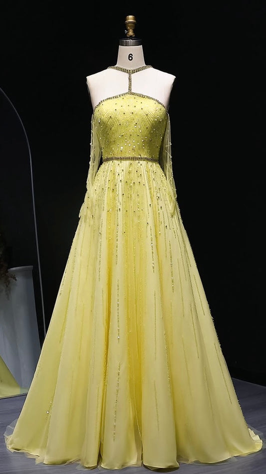 Yellow Beaded Dress with Gloves and Unique Neckline