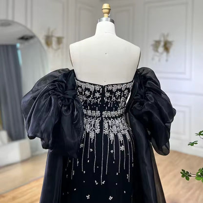 Black Puff Sleeves Evening Dress Gowns Beaded