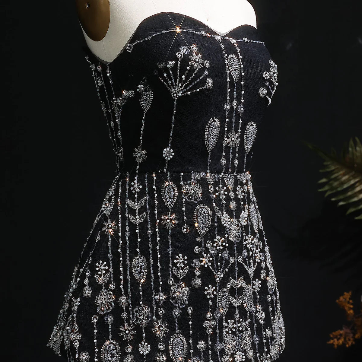 “Black Royale” Strapless Gown with Crystal Peplum and Full Embellished Skirt
