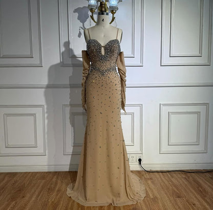 Beige Fully Embellished Evening Gown with Matching Gloves