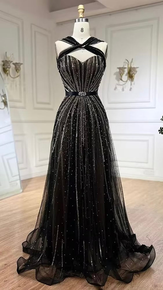 Black Sleeveless A-Line Luxury Beaded Evening Dresses