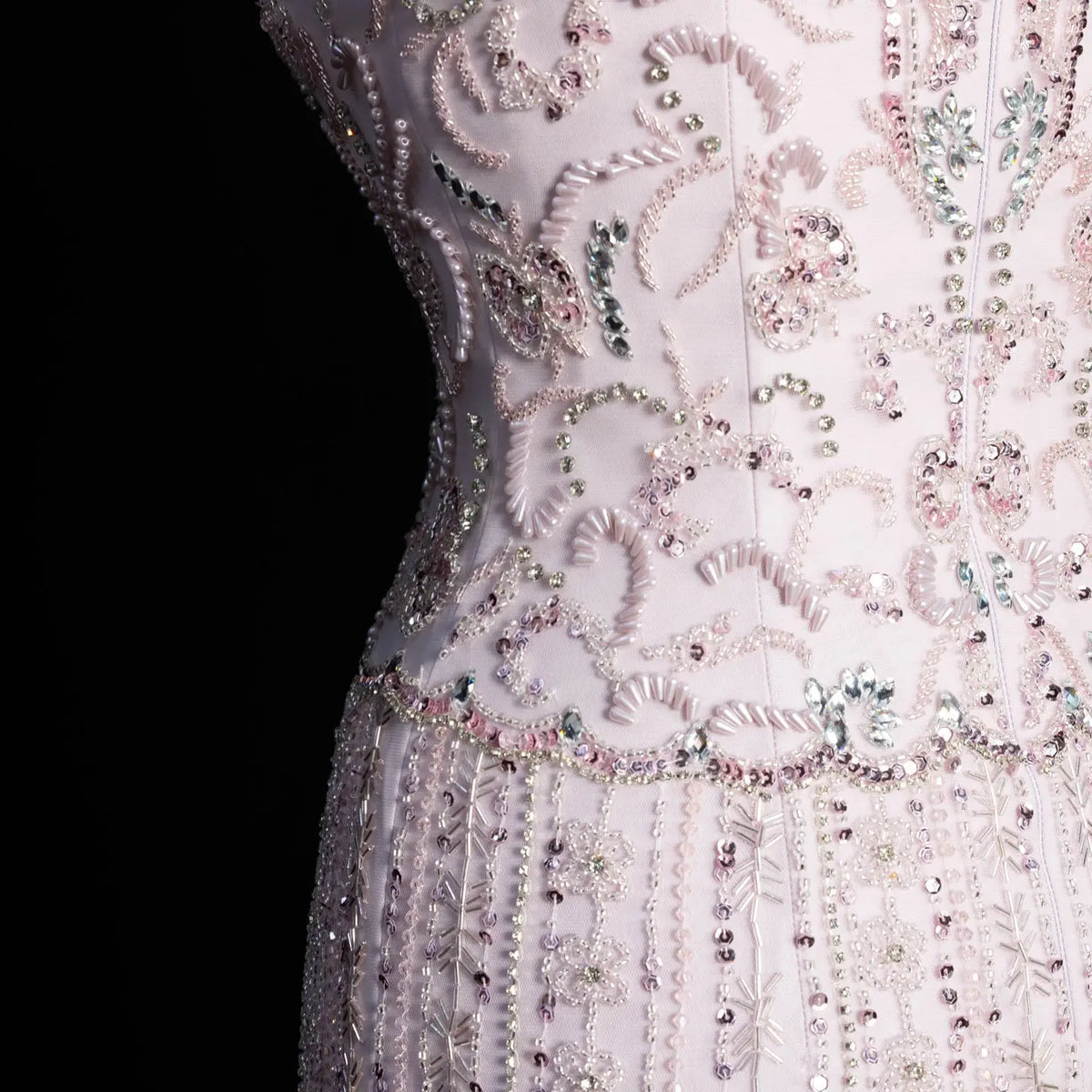Royal Evening Gown with Cascading Crystal Beads and Floral Patterns
