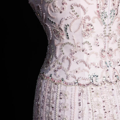 Royal Evening Gown with Cascading Crystal Beads and Floral Patterns