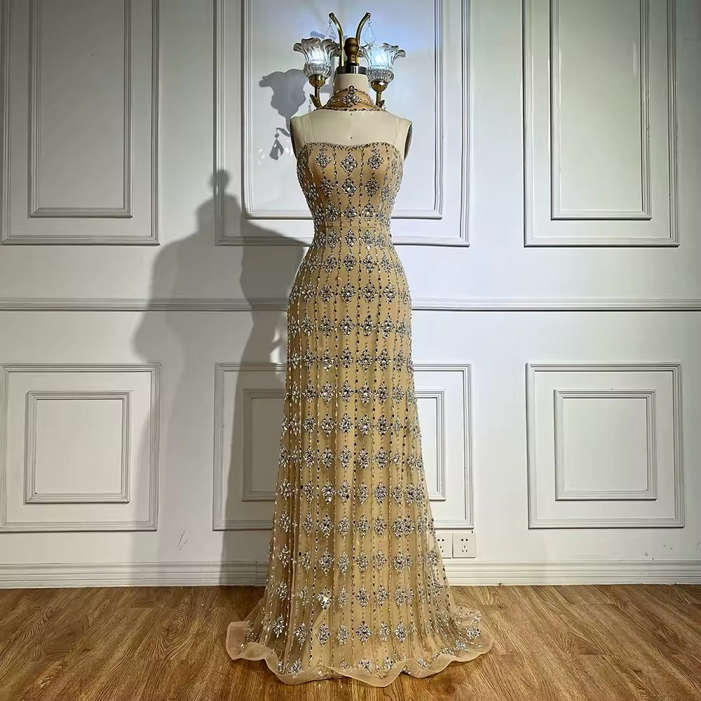 Nude Strapless Beaded A-Line Evening Dress