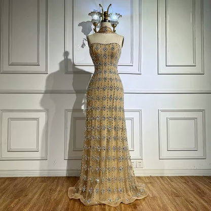 Nude Strapless Beaded A-Line Evening Dress